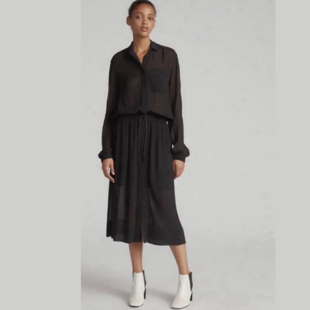 Rag and Bone Shelly dress Black with a tie belt waist, long sleeves, and collar.